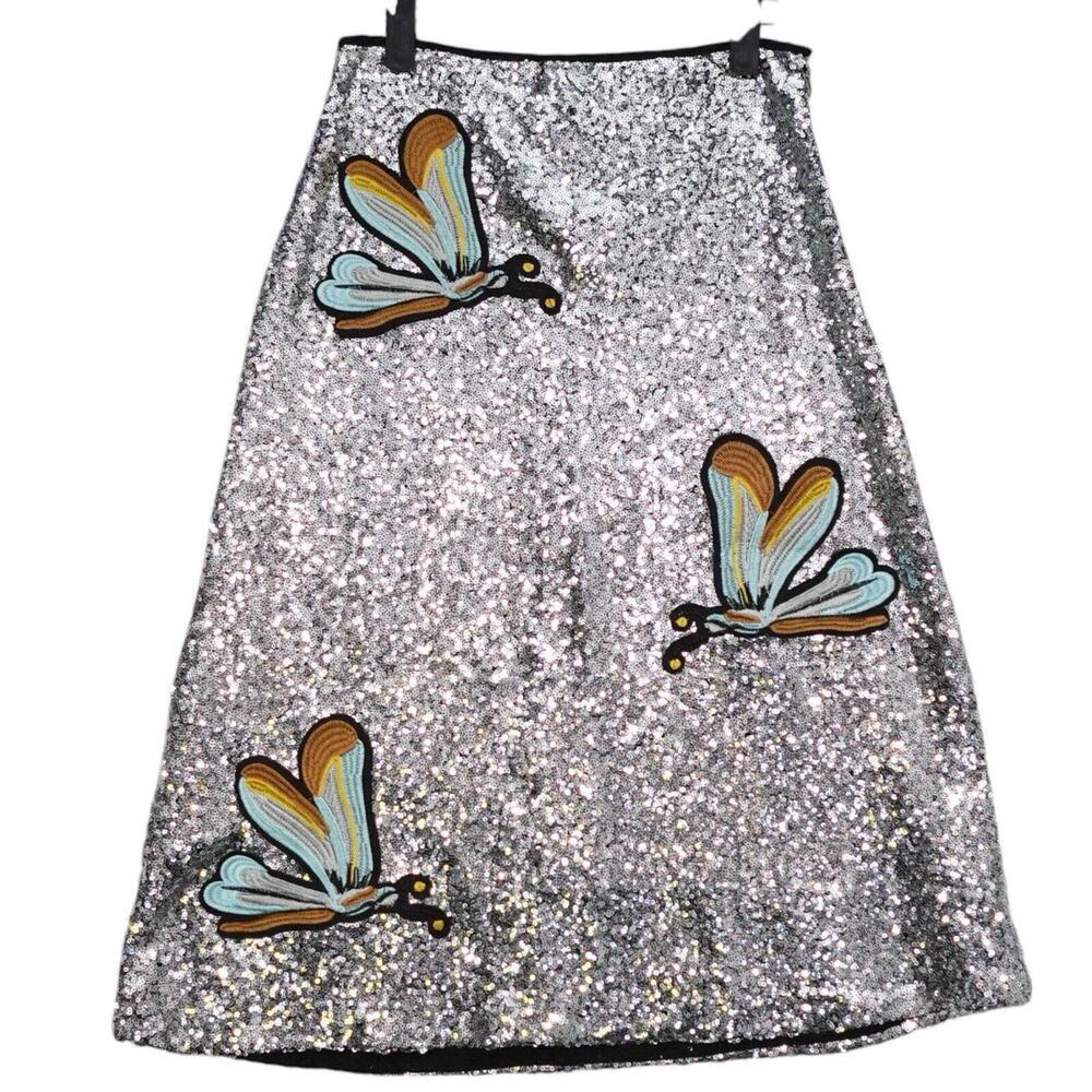Dragon Fly Applique Silver Sequin Metallic Shimmer Midi Skirt Sz M Whimsical Y2K